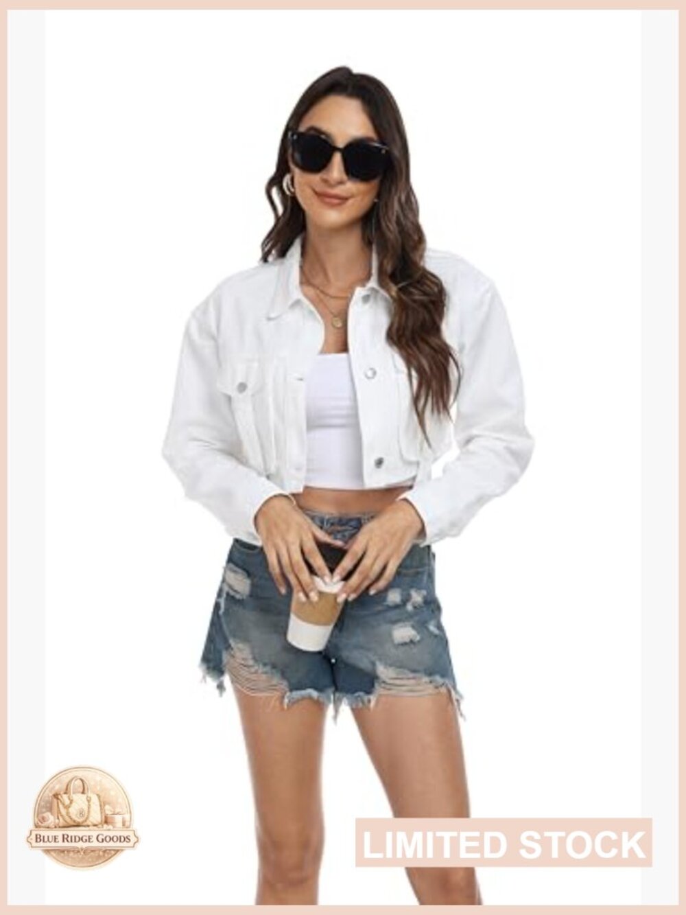 Cropped Denim Jacket Distressed Vintage Y2K Retro Chic Casual Button Down - Picture 6 of 7